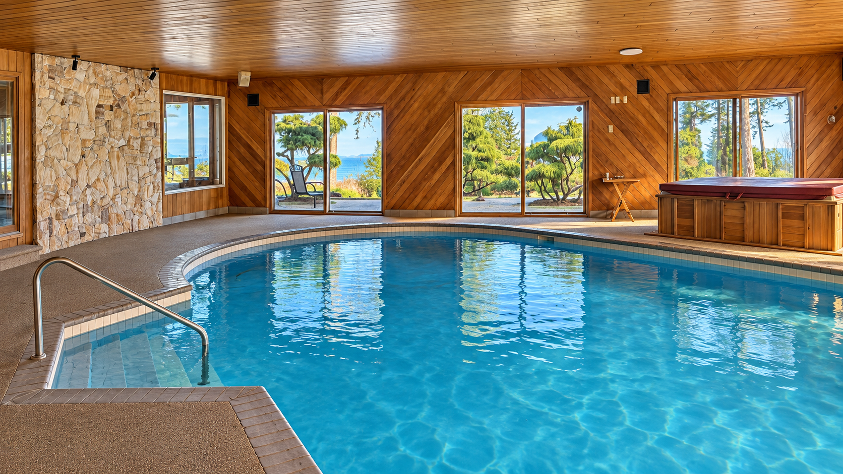 Illustrative coastal indoor residential pool