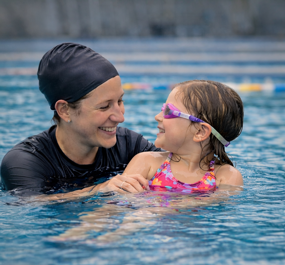 An instructor supporting a young swimmer during a one-to-one lesson